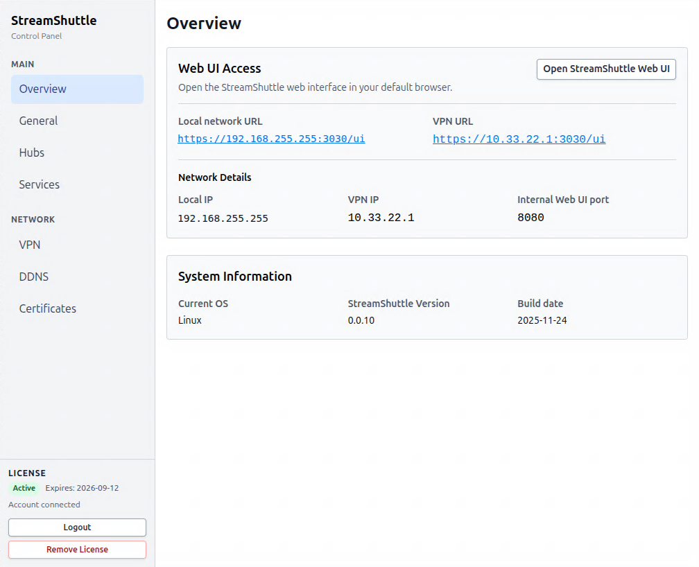 StreamShuttle Control Panel Overview with Web UI access, network details, and system information